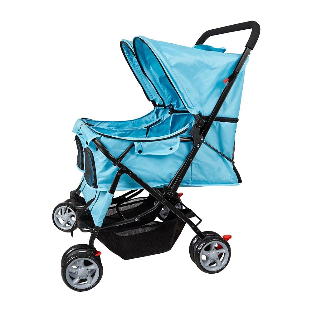 Foldable Double Pet Stroller - 2-Seater Dog & Cat Carrier with Wheels - Lightweight Travel Strolling Cart for Small Animals (Blue) - Perfect for Park Walks, Vet Visits, and Shopping Trips