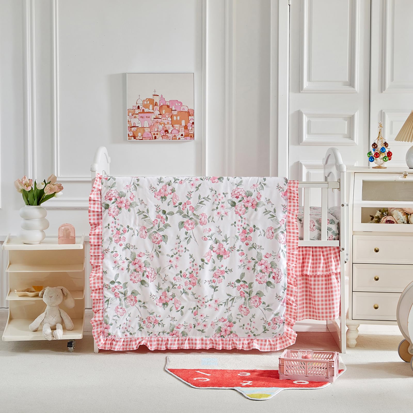 Floral Crib Bedding Set - White & Pink Ruffled Quilted Comforter with Fitted Sheet & Bed Skirt for Baby Girls Nursery | Shabby Chic Flower Design with Leaves | Perfect for Newborn, Infant & Toddler Bedrooms