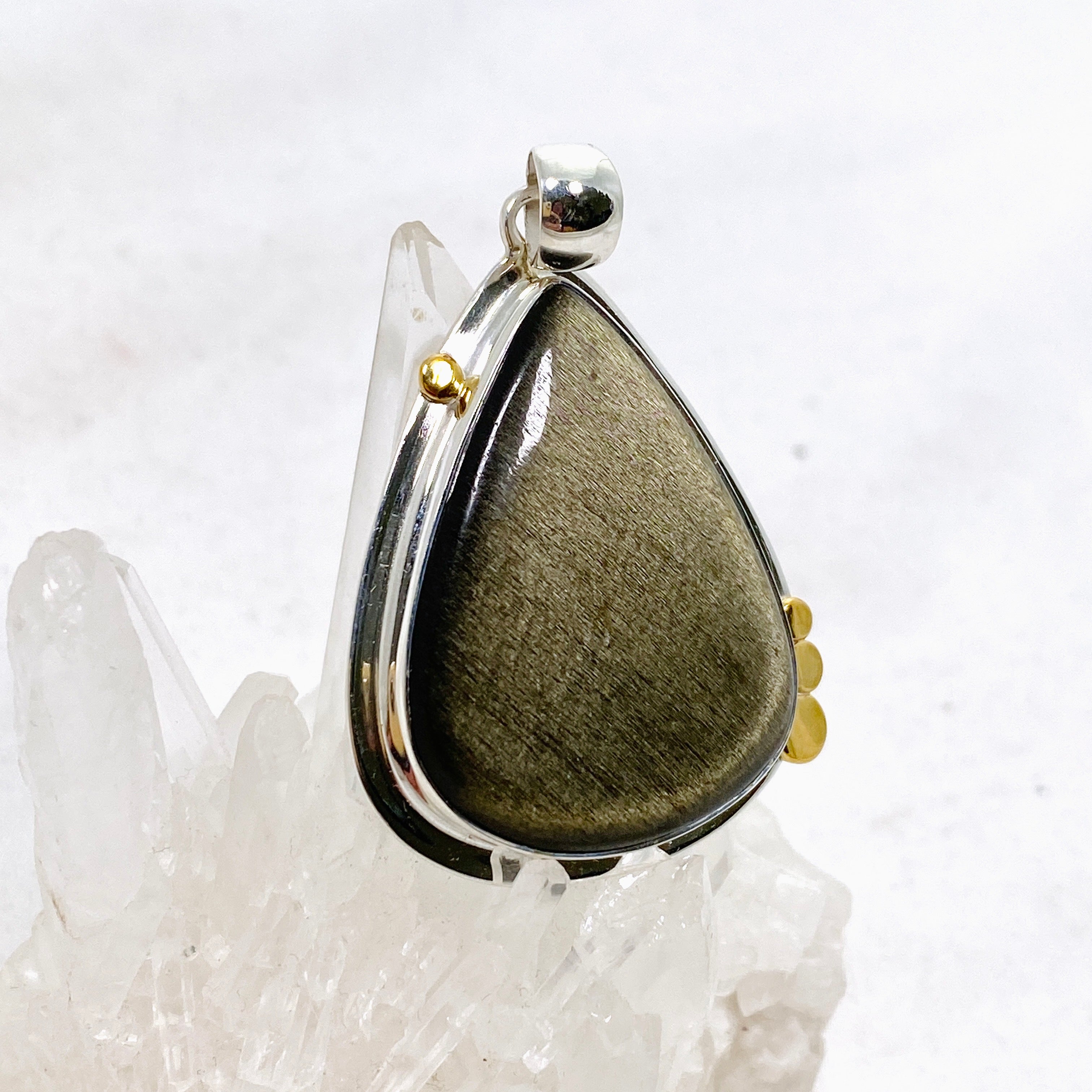Goldsheen Obsidian Teardrop Cabochon Pendant - Handcrafted Silver Jewelry with Decorative Setting KPGJ4763 | Perfect for Meditation, Energy Healing & Spiritual Gifts