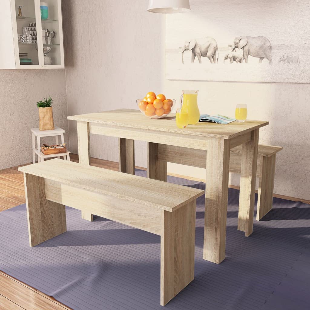 3-Piece Oak Patio Dining Set with Table & Benches - Durable Chipboard Outdoor Furniture for Backyard, Garden, and Deck Dining