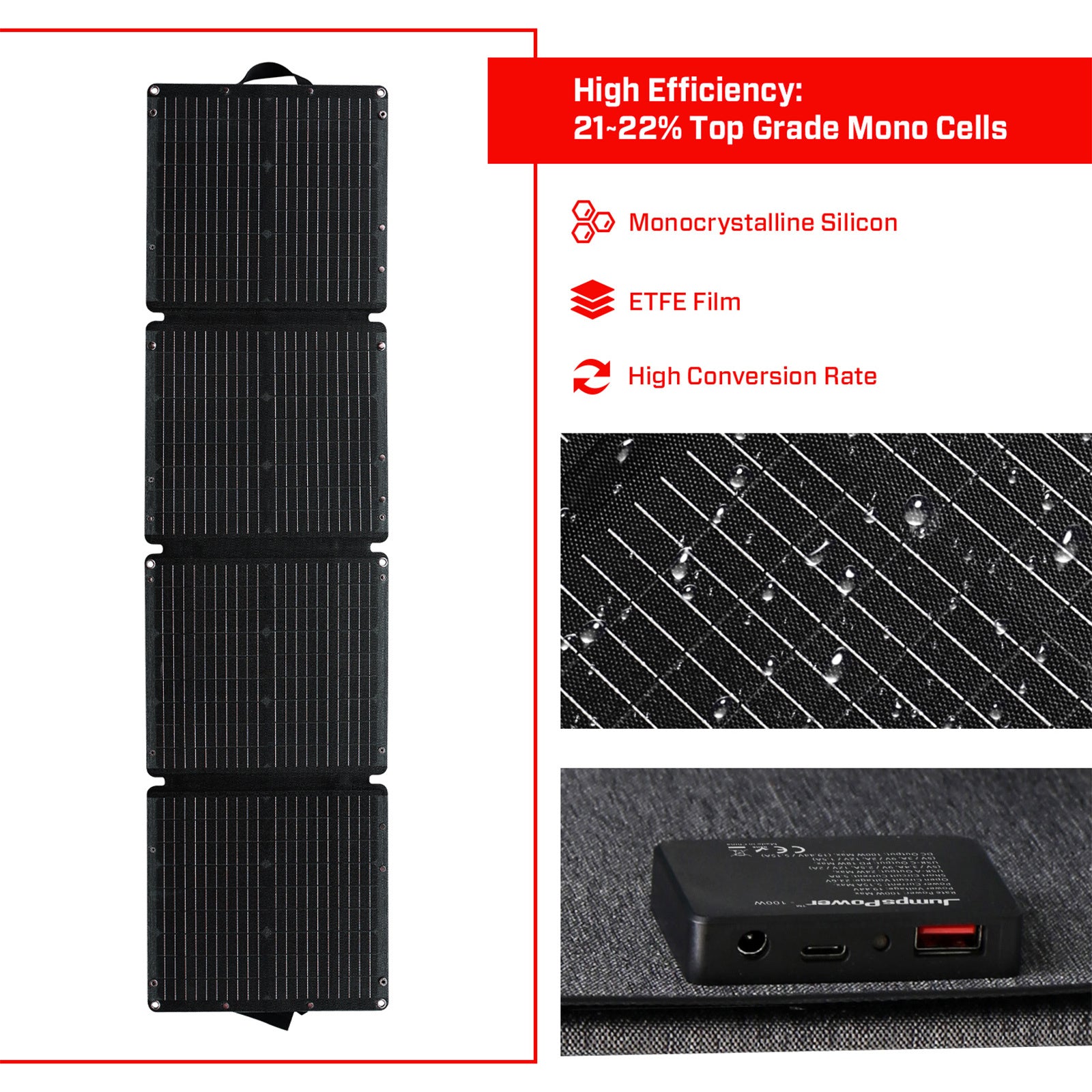 100W Portable Solar Panel Charger - Foldable & Lightweight for Outdoor Camping, Hiking, RV Trips | JumpsPower Solar Generator for Phones, Laptops, Emergency Power Supply