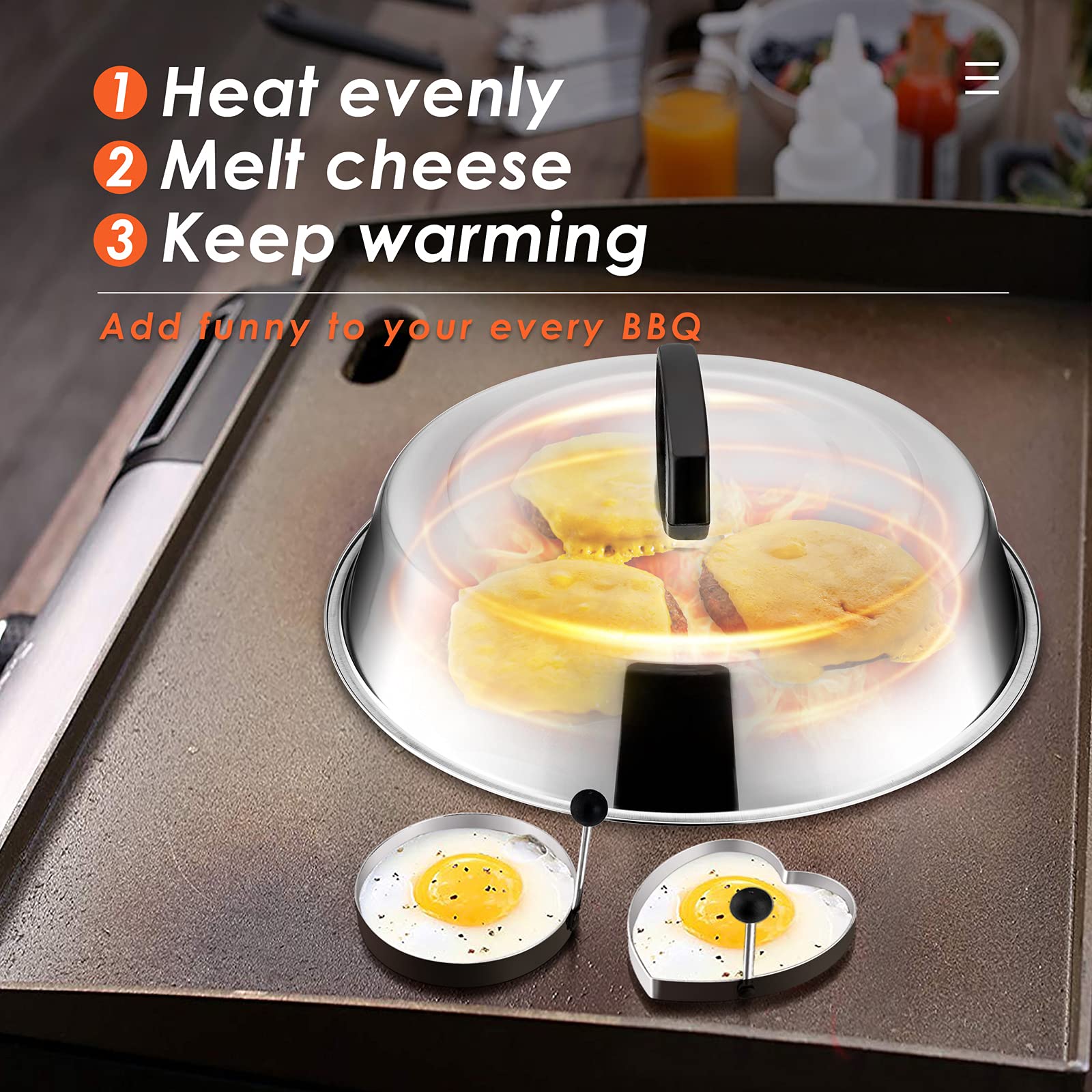 HaSteeL 12-Inch Stainless Steel Cheese Melting Dome & 7-Inch Cast Iron Grill Press Set - Heavy Duty Burger Bacon Press with Basting Cover - Perfect for Teppanyaki, Flat Top Griddle, Indoor & Outdoor Cooking (BBQ, Camping, Restaurant Use)