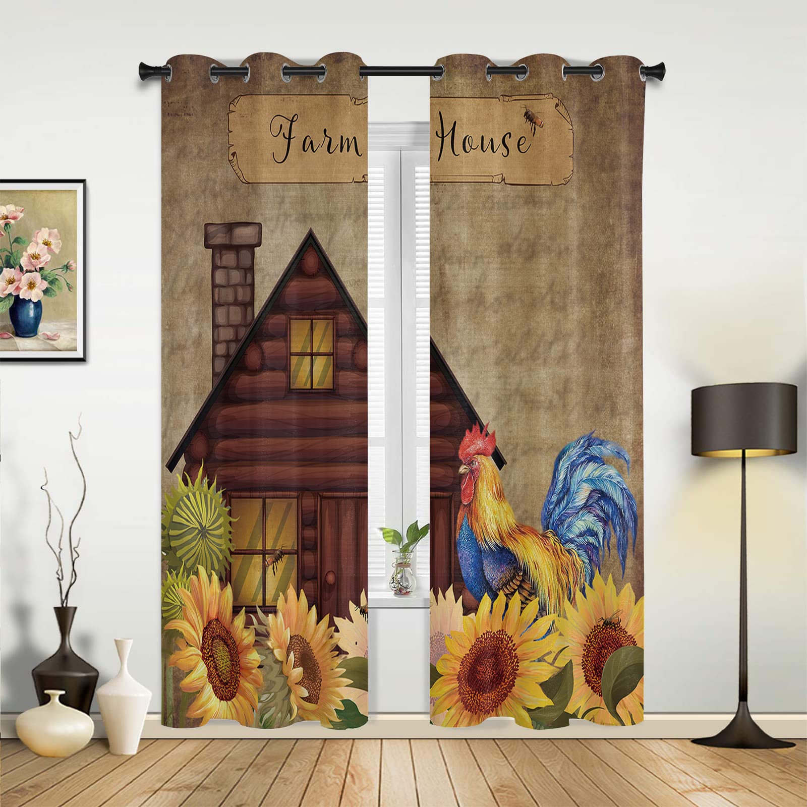 Vintage Farmhouse Blackout Curtains - Sunflower Rooster 3D Printed Drapes (63
