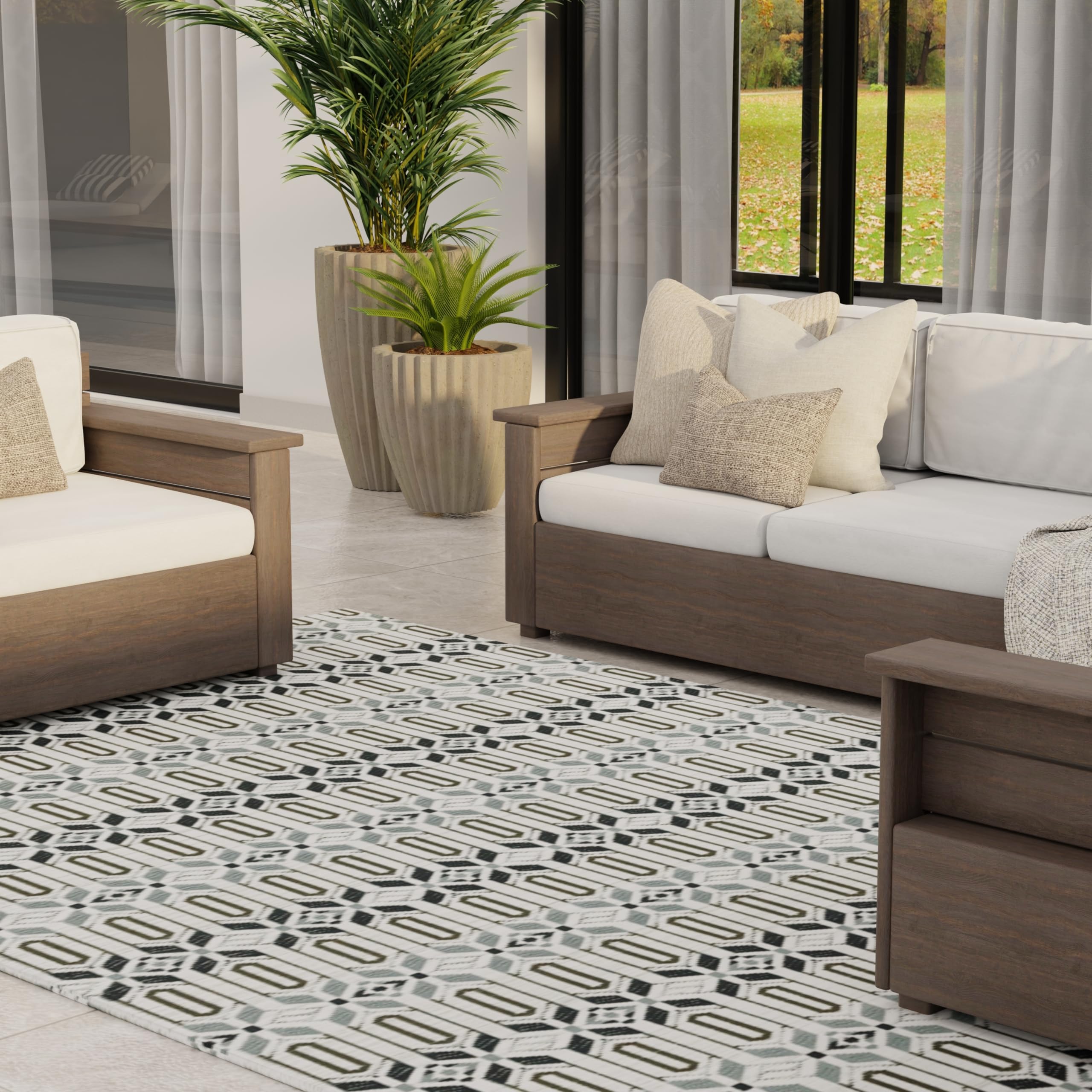 Mad Mats Geometric 5x8 Grey & White Reversible Outdoor Rug - Waterproof Plastic Patio Mat for Poolside, Deck, Porch, Camping & RV - Durable Floor Covering for Backyard, Mudroom & Outdoor Living Spaces