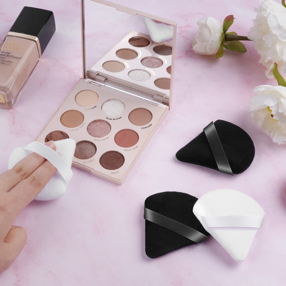 AUAUY 6-Piece Pure Cotton Soft Triangle Wedge Makeup Powder Puffs - Velour Cosmetic Sponge for Loose Powder, Mineral Powder & Body Powder (3 Black + 3 White) | Ideal for Flawless Foundation Application & On-the-Go Touchups