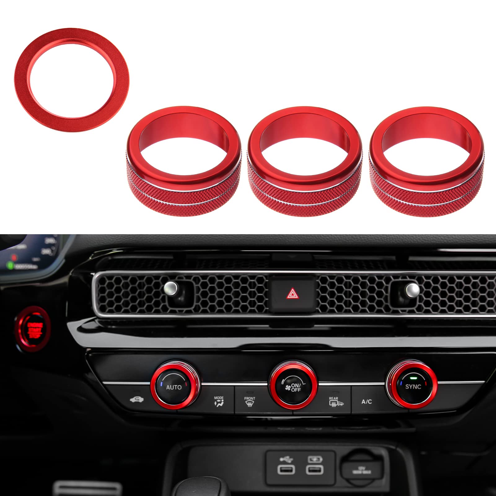 Compatible with Honda Civic Accord CR-V HR-V 2023-2025 | 11th Gen Civic Accessories | Red Car Center Console Cover & AC Knob Engine Start Cover Rings | Interior Upgrade for Enhanced Driving Experience