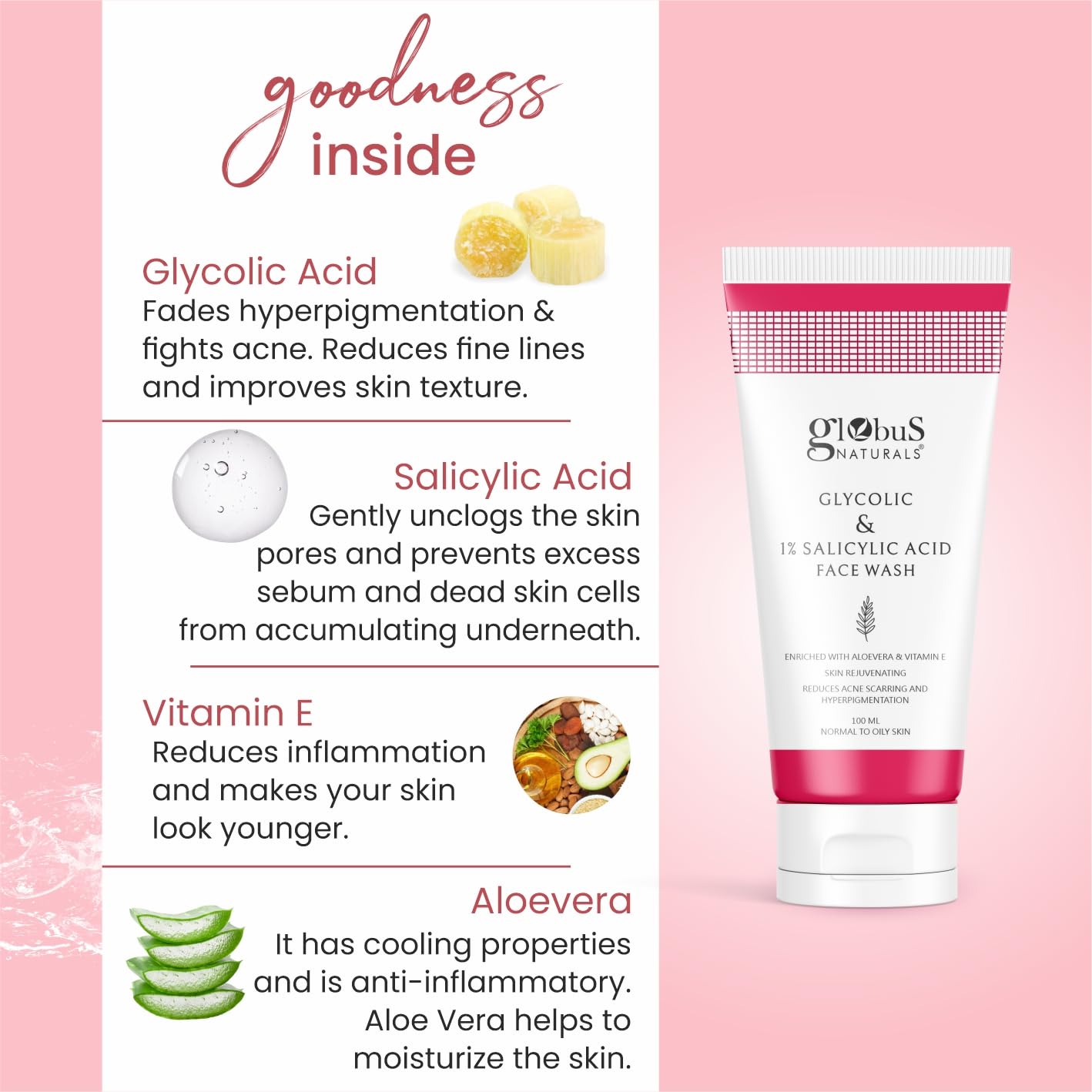 Globus Naturals Glycolic Acid 1% Salicylic Acid Anti Acne Face Gel - Herbal Formula with Licorice & Oats for Acne Treatment, Oil Control, Dark Spot Reduction - 100ml (Pack of 3) | Daily Skincare for Oily & Acne-Prone Skin