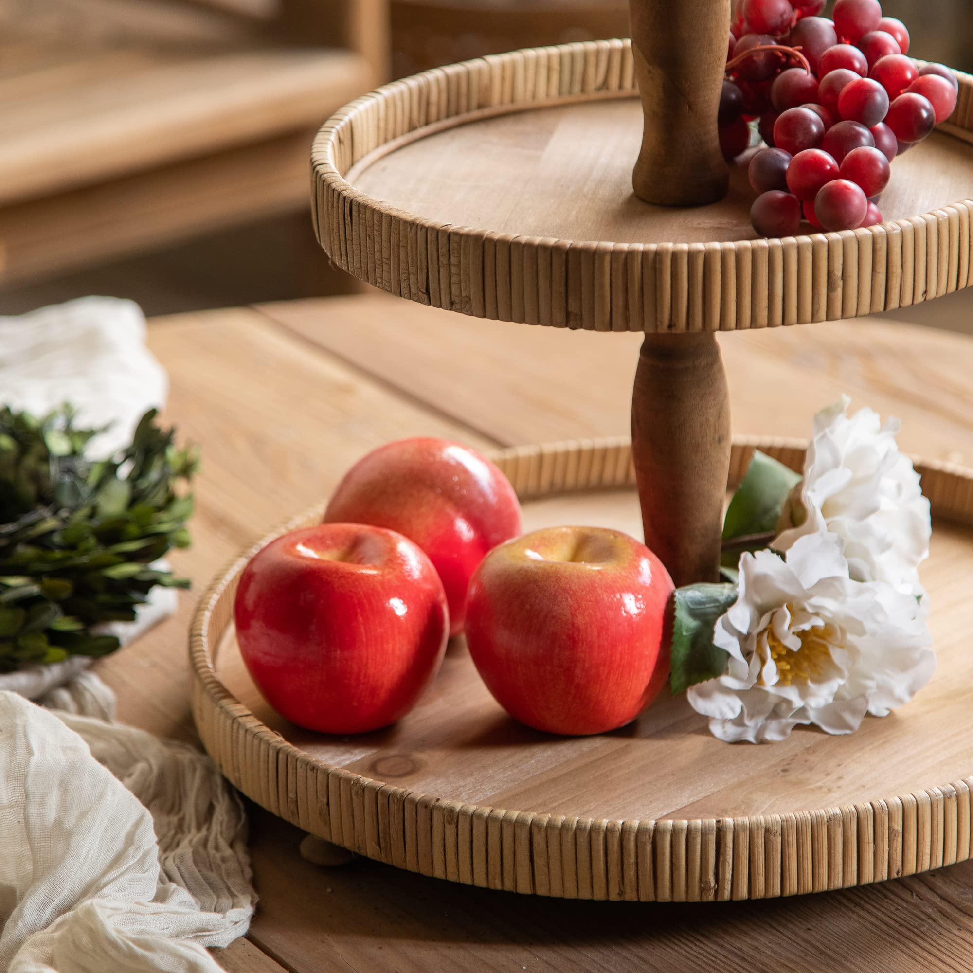 2-Tier Rustic Farmhouse Serving Tray with Metal Handles - Round Wooden Tiered Display Stand for Desserts, Fruits, Snacks, Nuts | Perfect for Kitchen Counter, Dining Table, Coffee Bar & Party Decor (Light Brown)