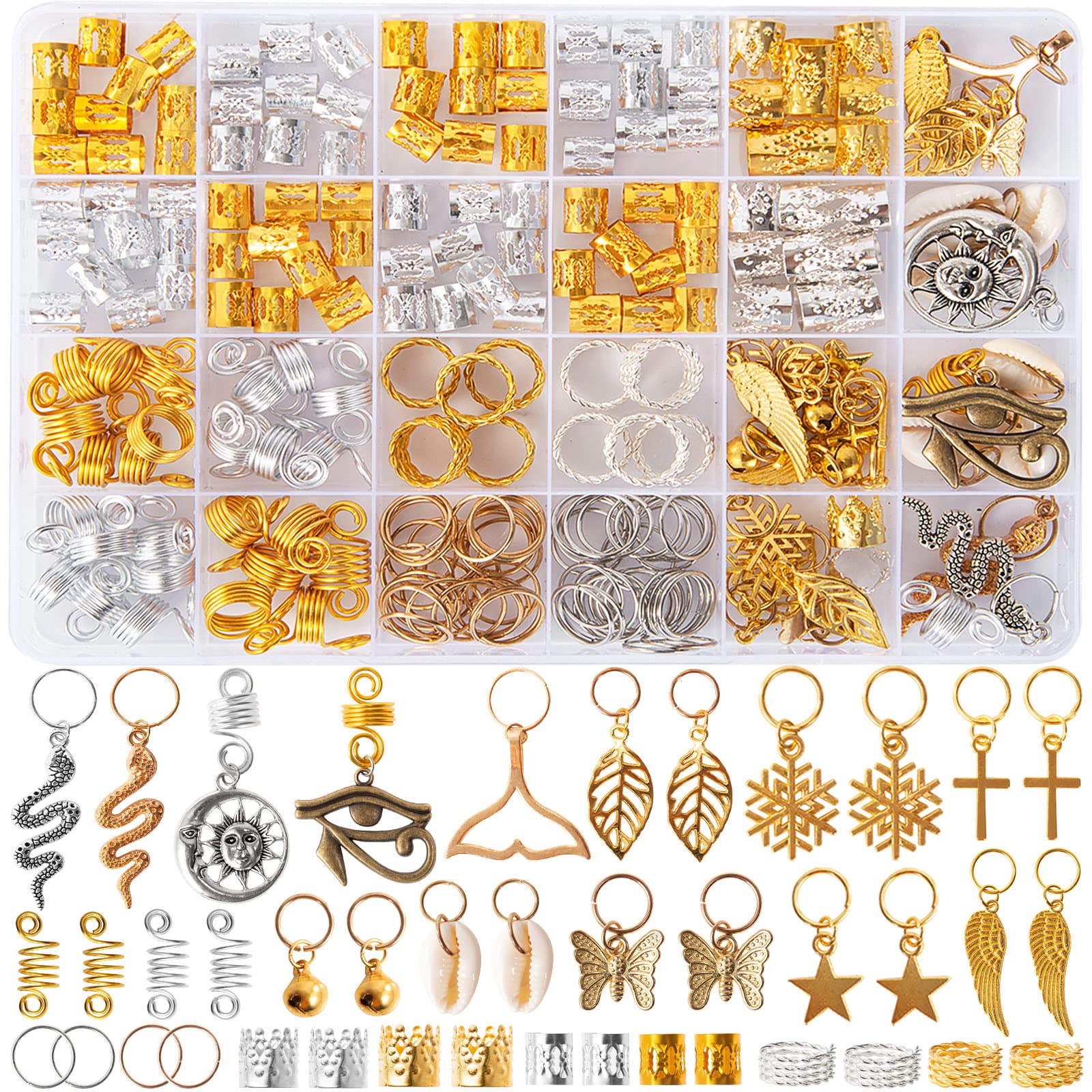 Vaikby 201PCS Hair Jewelry Beads for Braids - Gold & Silver Dreadlock Accessories, Metal Hair Rings & Charms for Women - Perfect for Boho Hairstyles, Festival Looks & Everyday Hair Decor