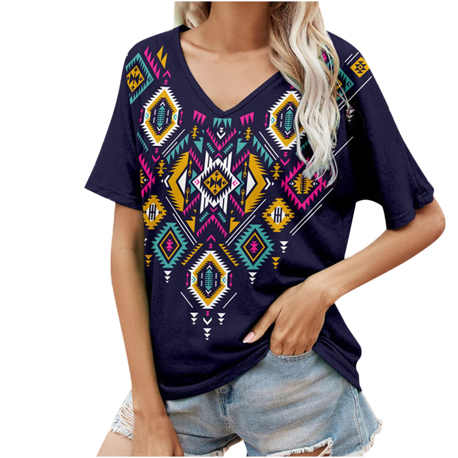 Vintage Women's T-Shirts | Summer Short Sleeve V-Neck Tops | Oversized Casual Western Blouse for Women | Perfect for Everyday Wear, Outings & Relaxing