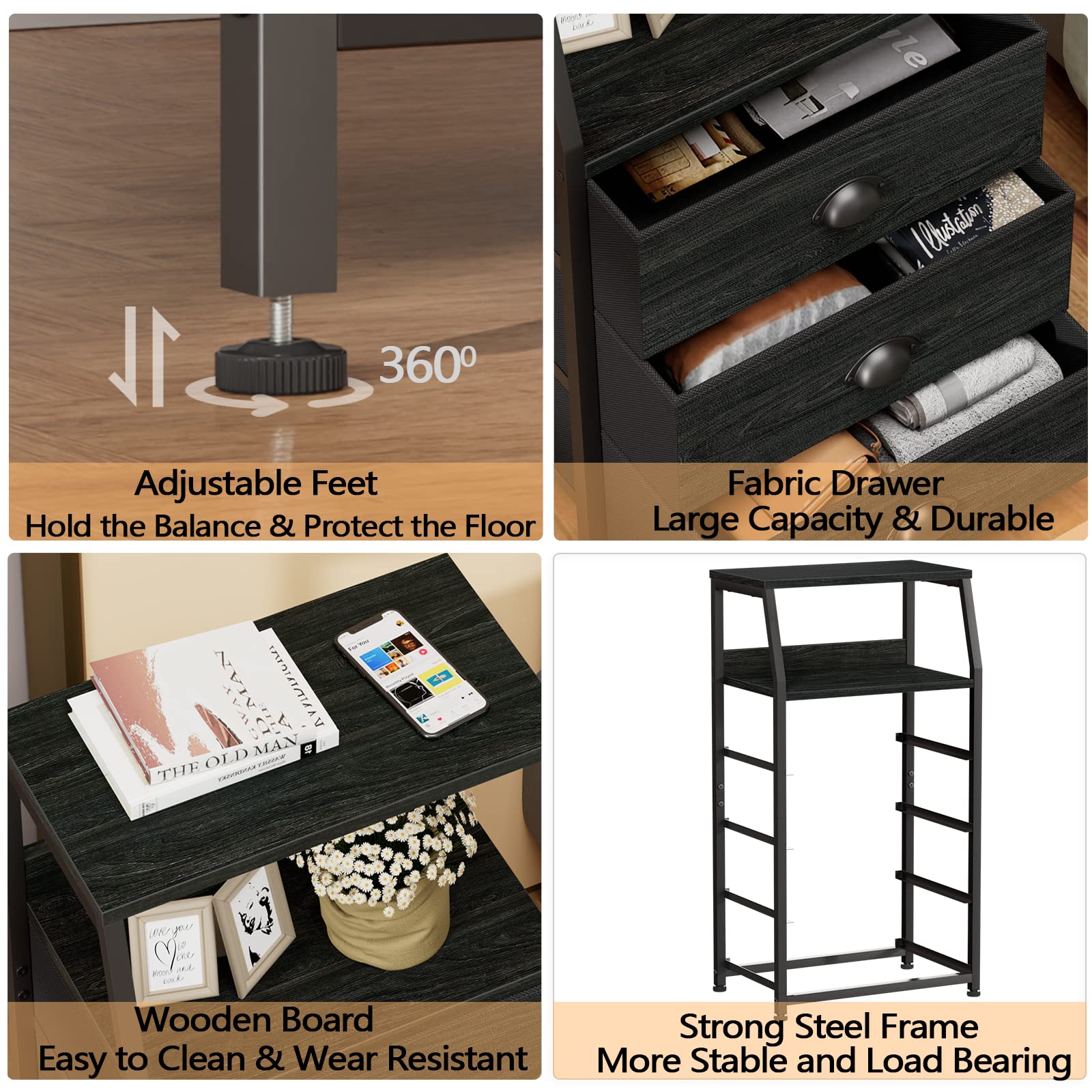 Furnulem Tall 4 Drawer Dresser - Vertical Storage Tower Organizer with Sturdy Steel Frame & Wood Top for Bedroom, Hallway, Entryway, Nursery | Space-Saving Closet & Nightstand Solution for Small Rooms & Apartments