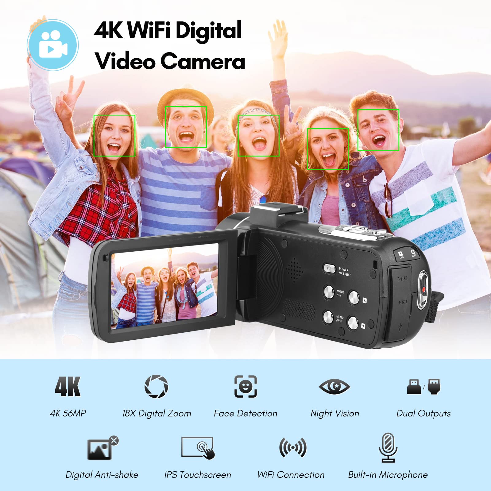 Andoer 4K WiFi Digital Camcorder with 56MP, 18X Zoom, 3