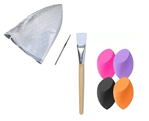 Professional Highlight Salon Cap with Blender 4 & Facial Brush - 3-Piece Set for Hair Coloring, Makeup Application & Spa Treatments