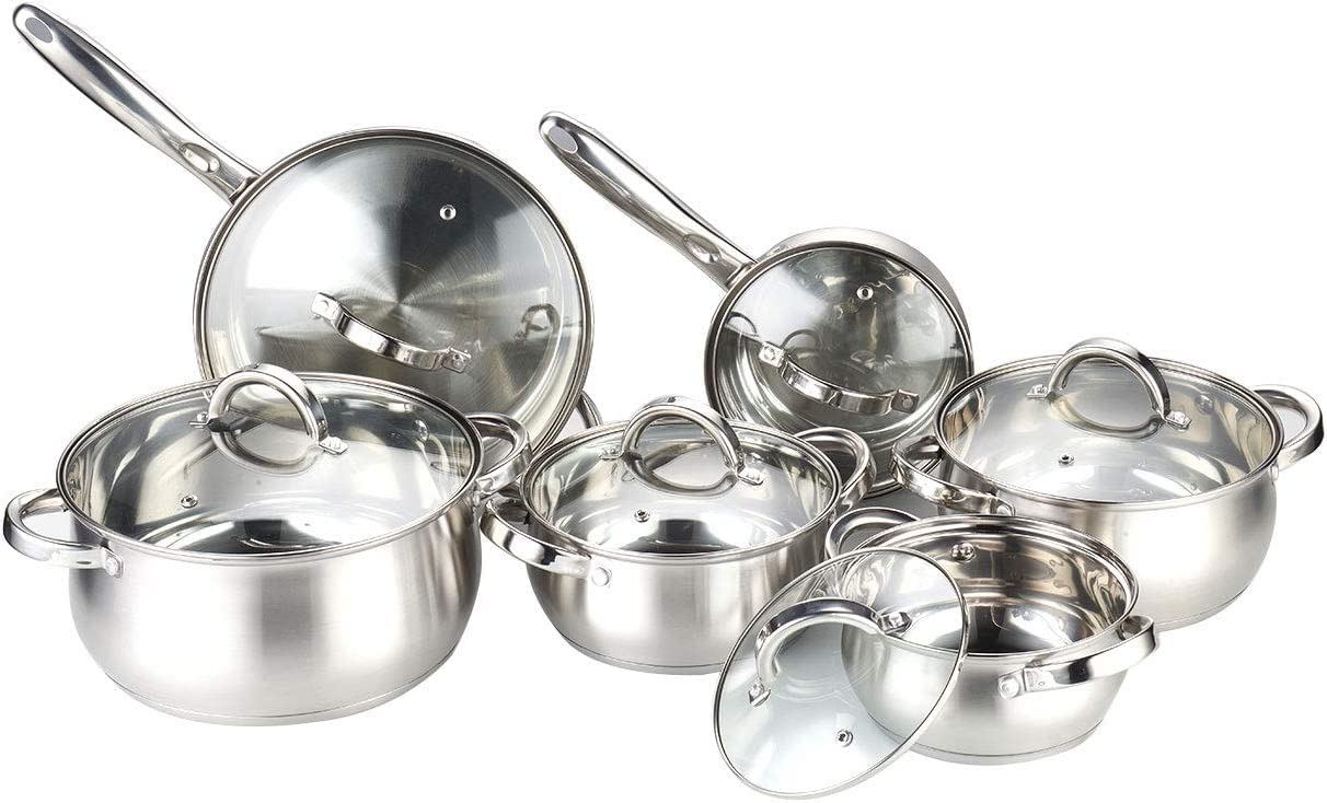 12-Piece Induction Ready Stainless Steel Cookware Set with Glass Lids - Silver | Nonstick Pots & Pans for Gas, Electric & Induction Stoves | Perfect for Home Cooking, Professional Kitchens & Gift Giving
