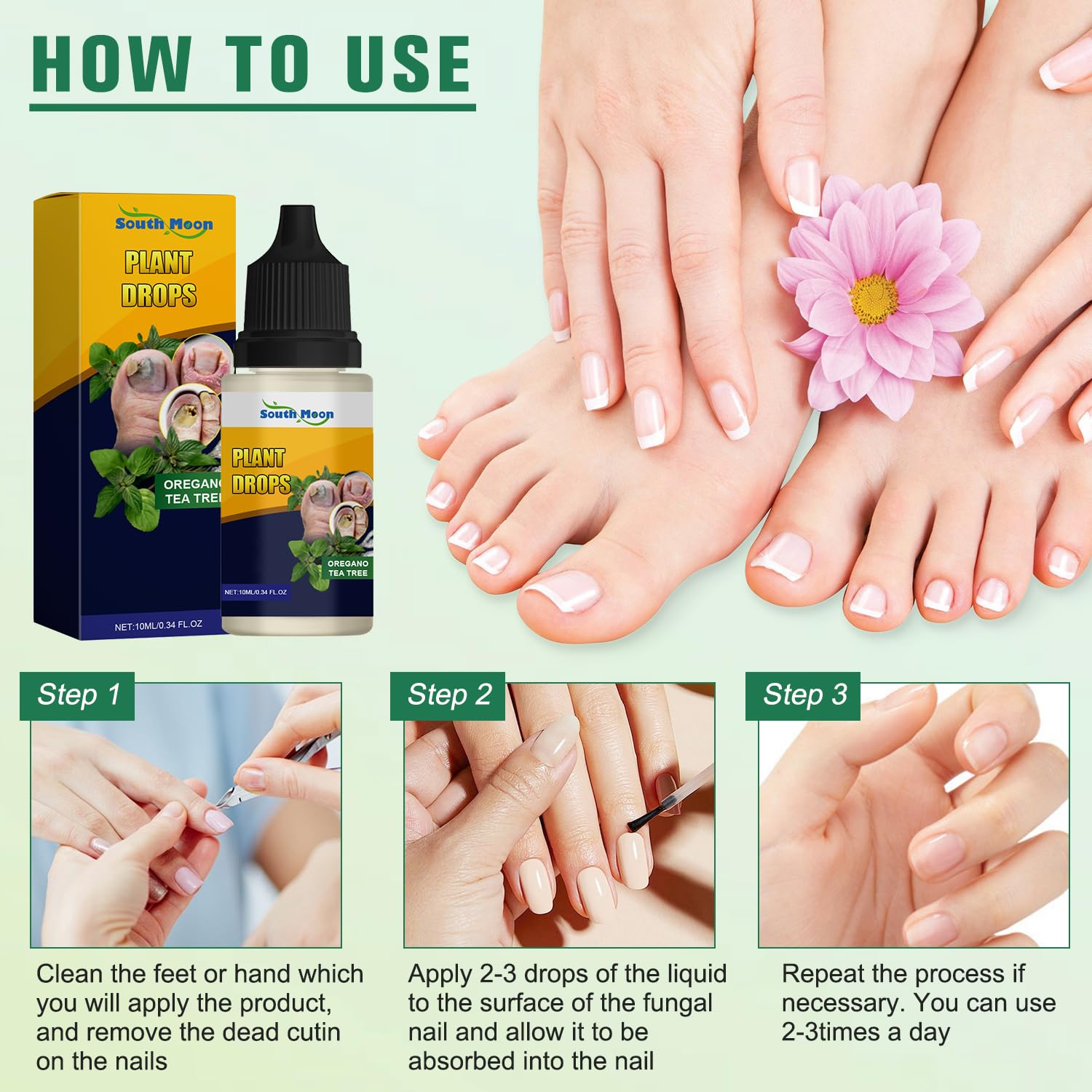 3PCS Plant Drops - Natural Oregano & Tea Tree Nail Care Oil (10ml/0.34 Fl.oz) for Repairing Damaged & Discolored Nails - Perfect for At-Home Manicures & Nail Restoration Treatments