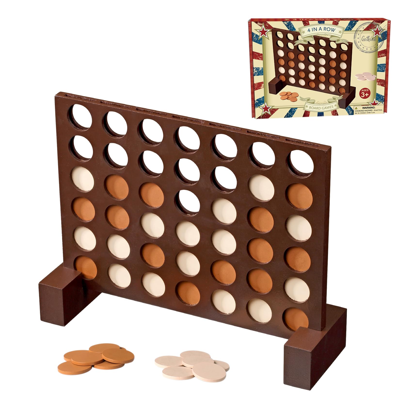 GOTHINK Wooden 4 in a Row Strategy Board Game for Kids & Adults - Classic Connect 4 Discs of Same Color - Perfect for Family Game Night, Picnics, Camping, Travel & Birthday Gifts for All Ages