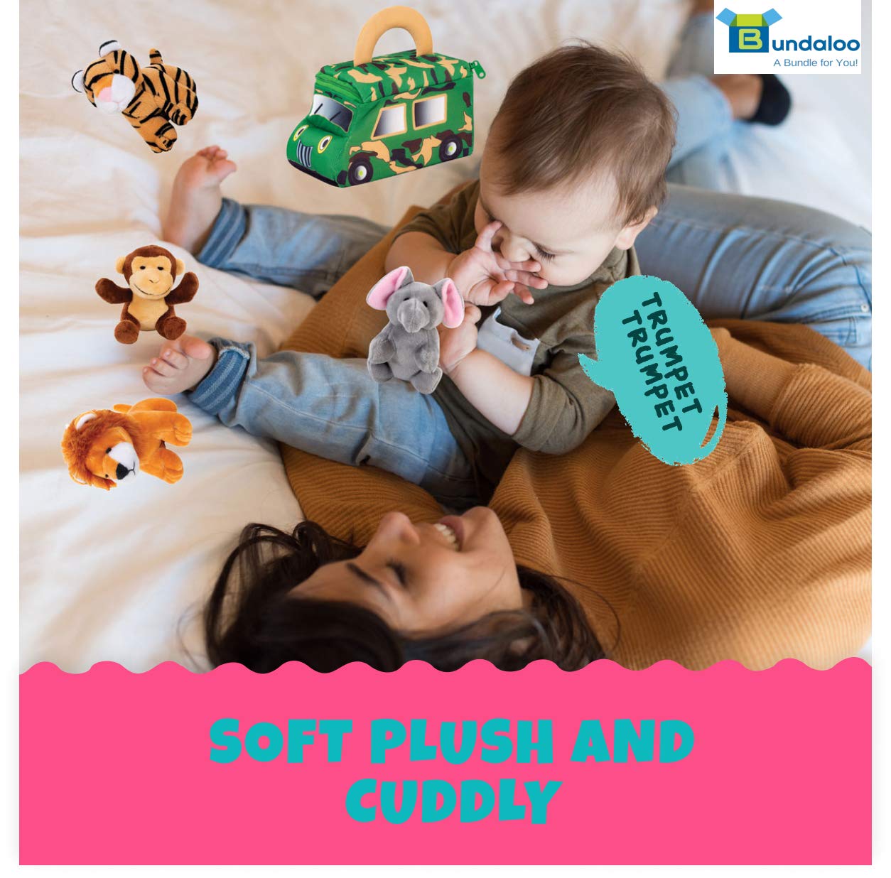Bundaloo Plush Jungle Animals Set with Realistic Sounds - Soft Stuffed Animal Toys for Kids with Safari Truck Carrier - Mini Tiger, Lion, Monkey & Elephant - Perfect for Pretend Play, Nursery Decor & Safari-Themed Birthday Gifts