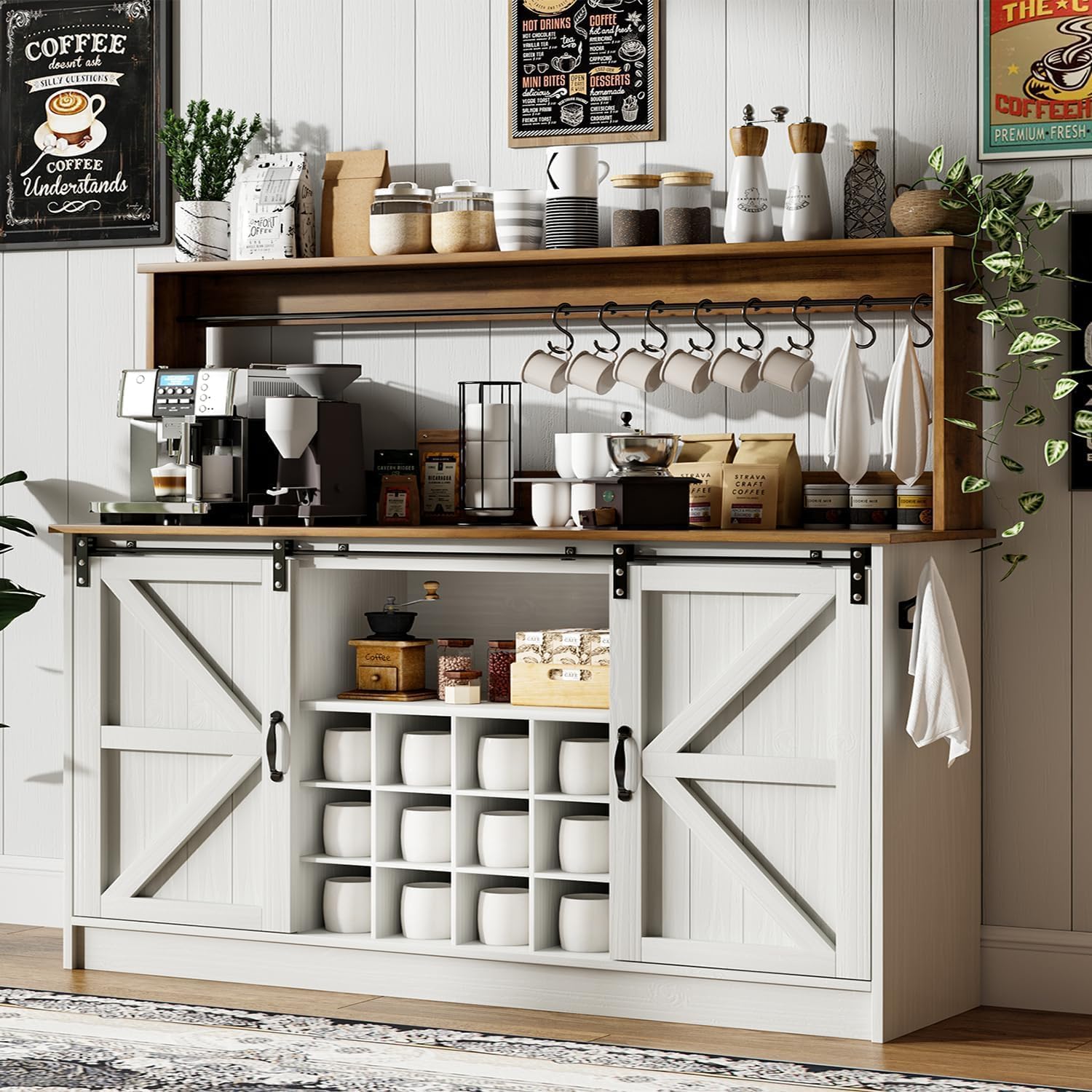 Farmhouse Coffee Bar Cabinet with 8 Hooks & Storage Hutch - 55 Inch Rustic Wine Cabinet with Sliding Barn Doors & 12 Racks - Perfect for Living Room, Dining Room & Kitchen Decor