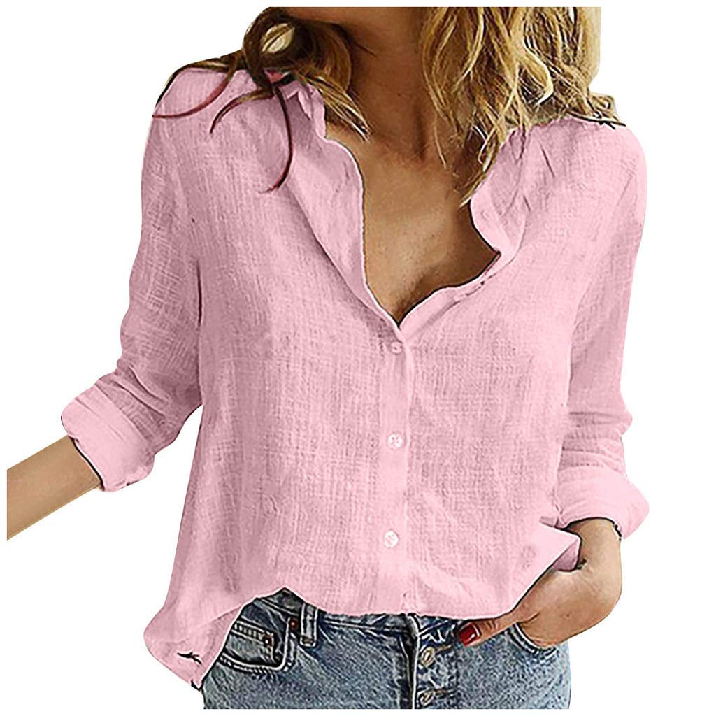 Women's Fashion Button Down V-Neck Short Sleeve Collared Shirts - Casual Blouse Tops with Pockets for Work, Office & Everyday Wear