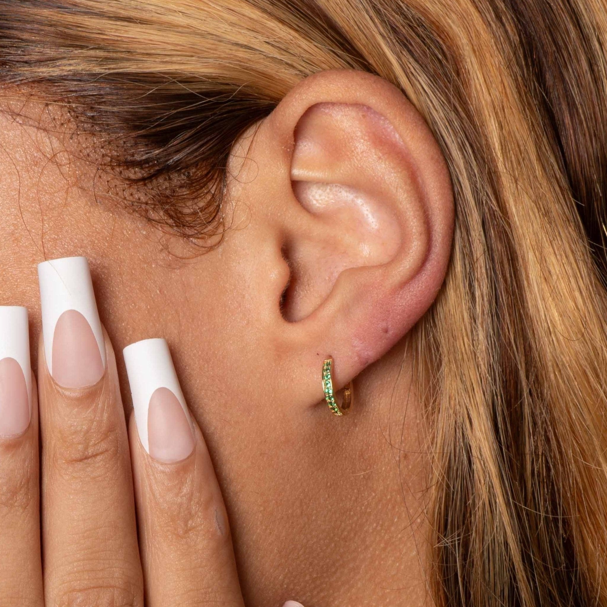 14K Solid Yellow Gold Emerald Cartilage Hoop Earrings - Elegant Dainty Jewelry for Women, Perfect for Everyday Wear & Special Occasions