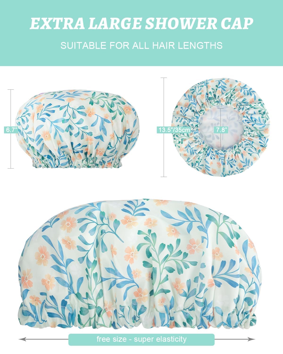 Waterproof Shower Caps for Women - Double Layer Reusable Bath Cap with EVA Lining for All Hair Lengths | Soft & Large Shower Cap for Swimming, Spa, Hair Care & Travel