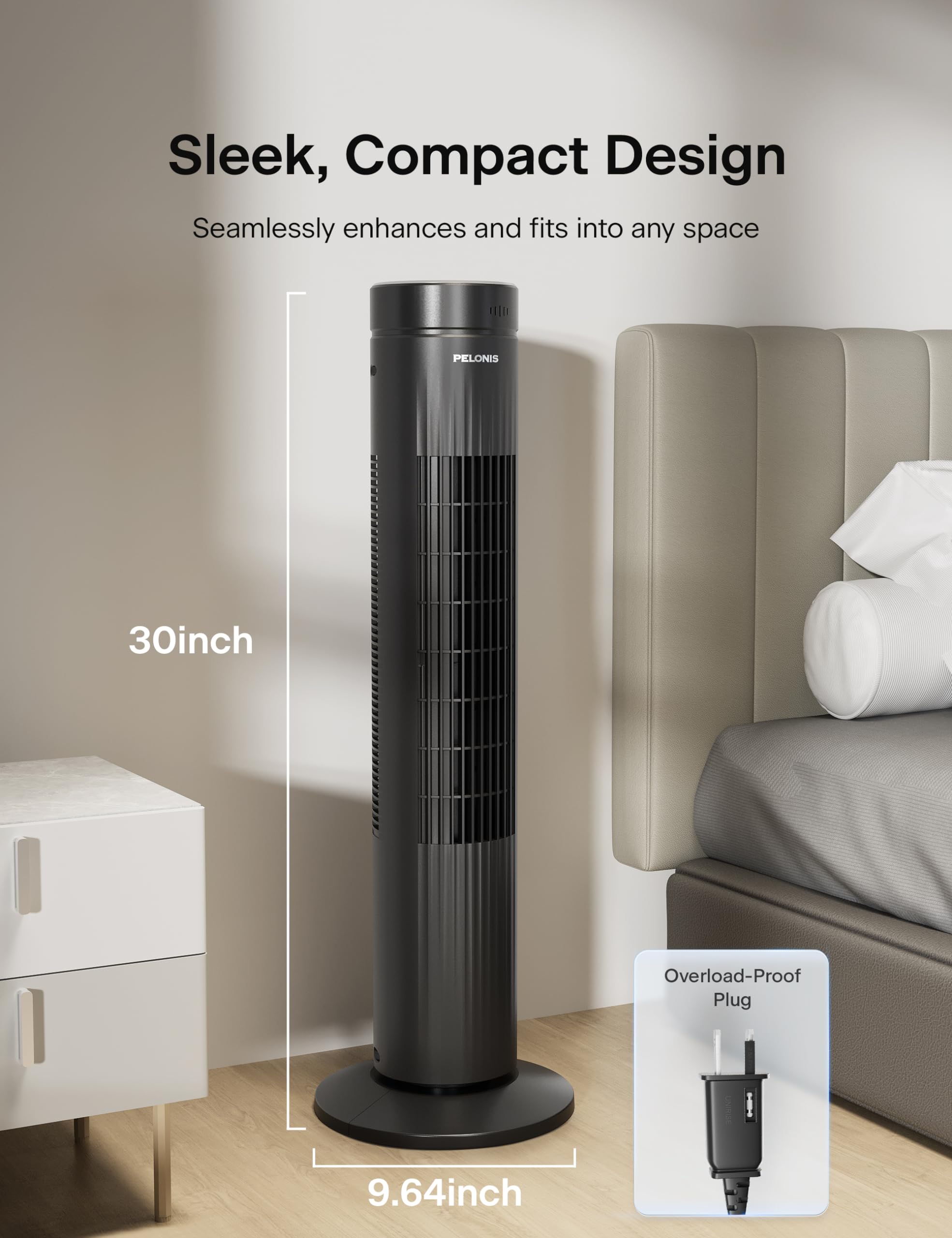 Pelonis 30 Inch Bladeless Tower Fan - 3 Speed Settings, 37dB Quiet Operation, Remote Control & 7-Hour Timer - Cooling Fan for Bedroom, Living Room, Office - Black (Ideal for Summer, Night Use & Home Cooling)