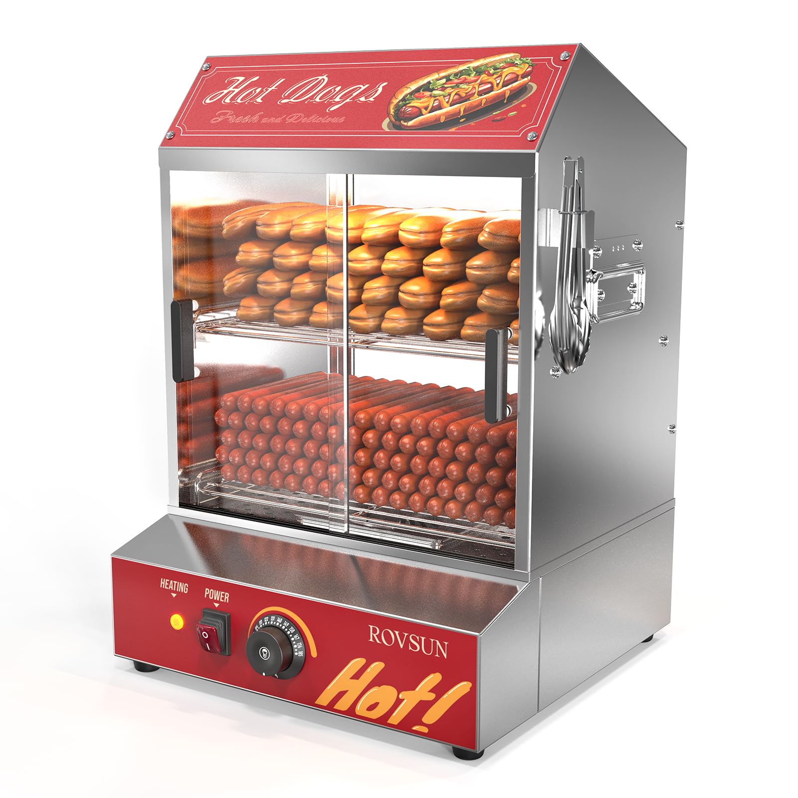 ROVSUN 42.3QT/40L Commercial Hot Dog Steamer - 2-Tier Hot Dog Warmer with Bun Heater for 235 Hot Dogs & 50 Buns - Removable Shelves & Food Clip - Perfect for Parties, Events, Concession Stands & Food Trucks