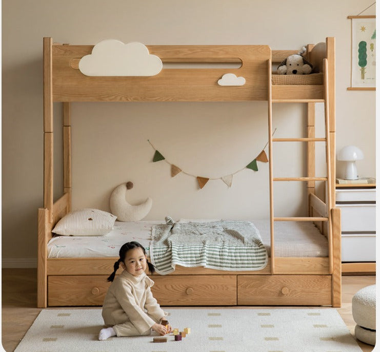 Solid Oak Wood Multi-Functional Bunk Bed with Ladder & Guardrails - Space-Saving Kids Bedroom Furniture for Siblings or Sleepovers