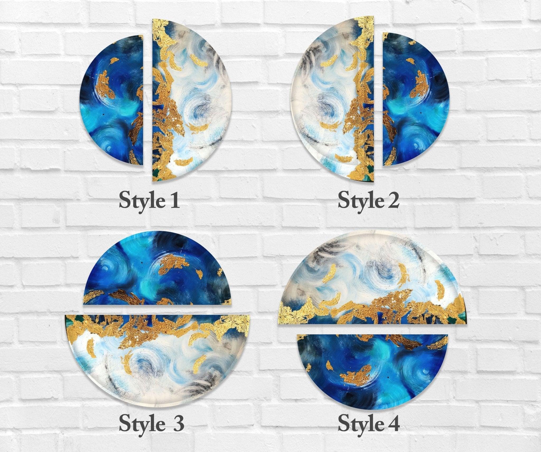 2 Piece Blue and Gold Abstract Glass Wall Art Set - Modern Home Decor for Living Room, Bedroom, or Office