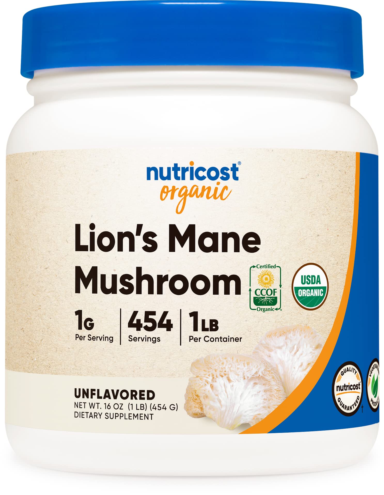 Nutricost Organic Lion's Mane Mushroom Powder 1LB (454g) - USDA Certified Organic, Vegan, Gluten-Free - Supports Brain Health & Cognitive Function - Perfect for Coffee, Tea, Smoothies & Baking