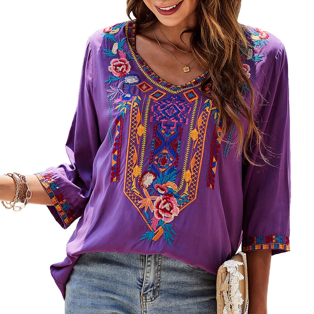 AK Embroidered Women's 3/4 Sleeve Peasant Blouse - Mexican Style V-Neck Tunic Top for Casual Wear | Perfect for Boho Outfits, Summer Vacations & Festival Fashion