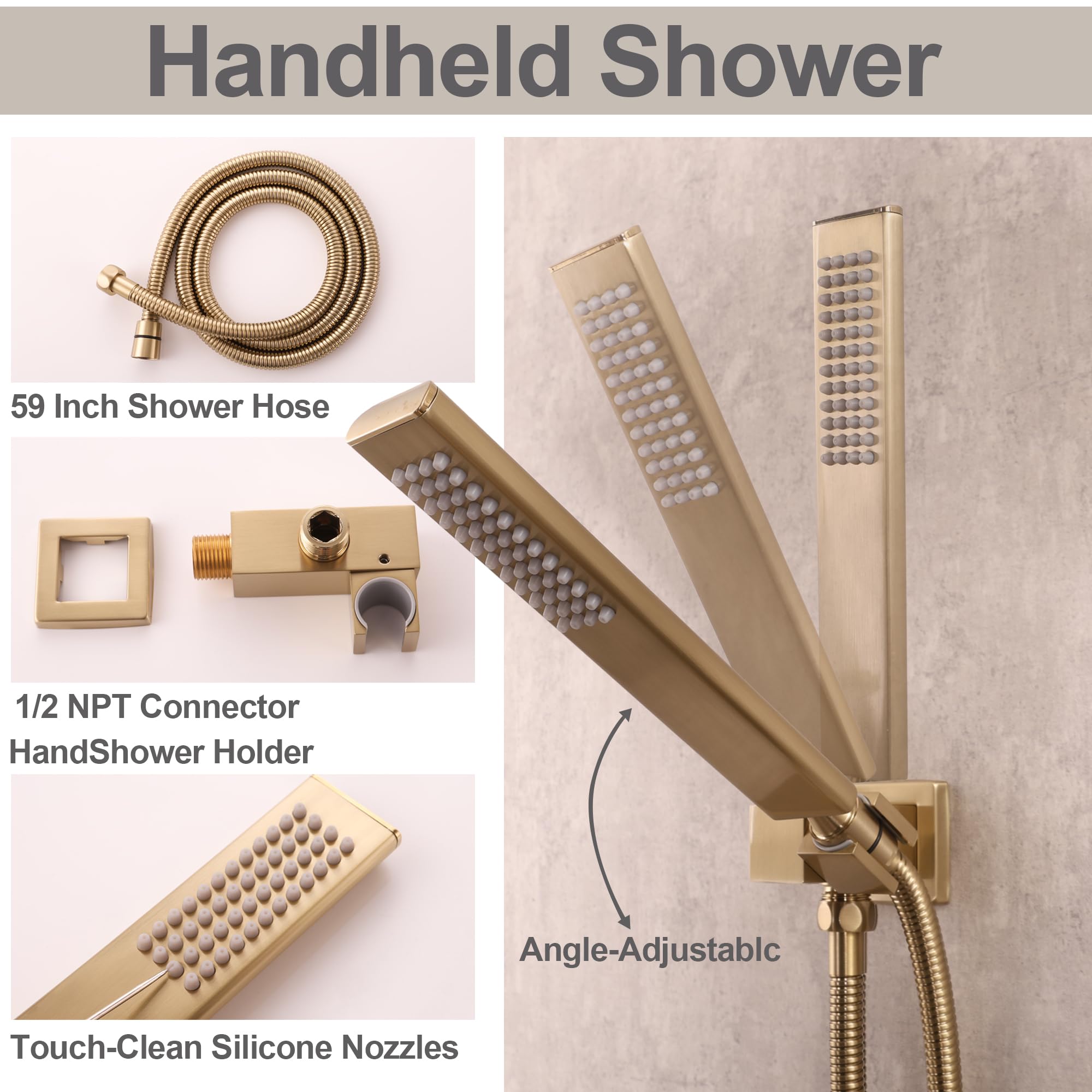 SKOWLL Brushed Gold Shower System - 8 Inch High Pressure Rainfall Shower Head with Brass Handheld Spray, Valve Body & Trim Kit | Luxury Bathroom Upgrade for Spa-Like Experience