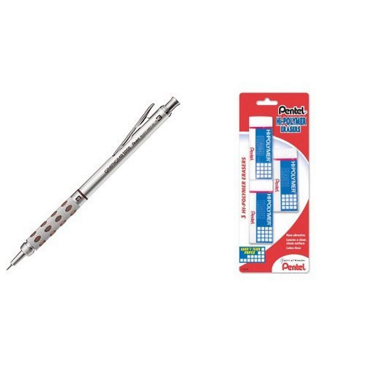 Pentel Graph Gear 1000 Automatic Drafting Pencil 0.3mm with Hi-Polymer Block Eraser - 3 Pack Set for Architects, Engineers & Artists - Perfect for Technical Drawing, Sketching & Precision Writing