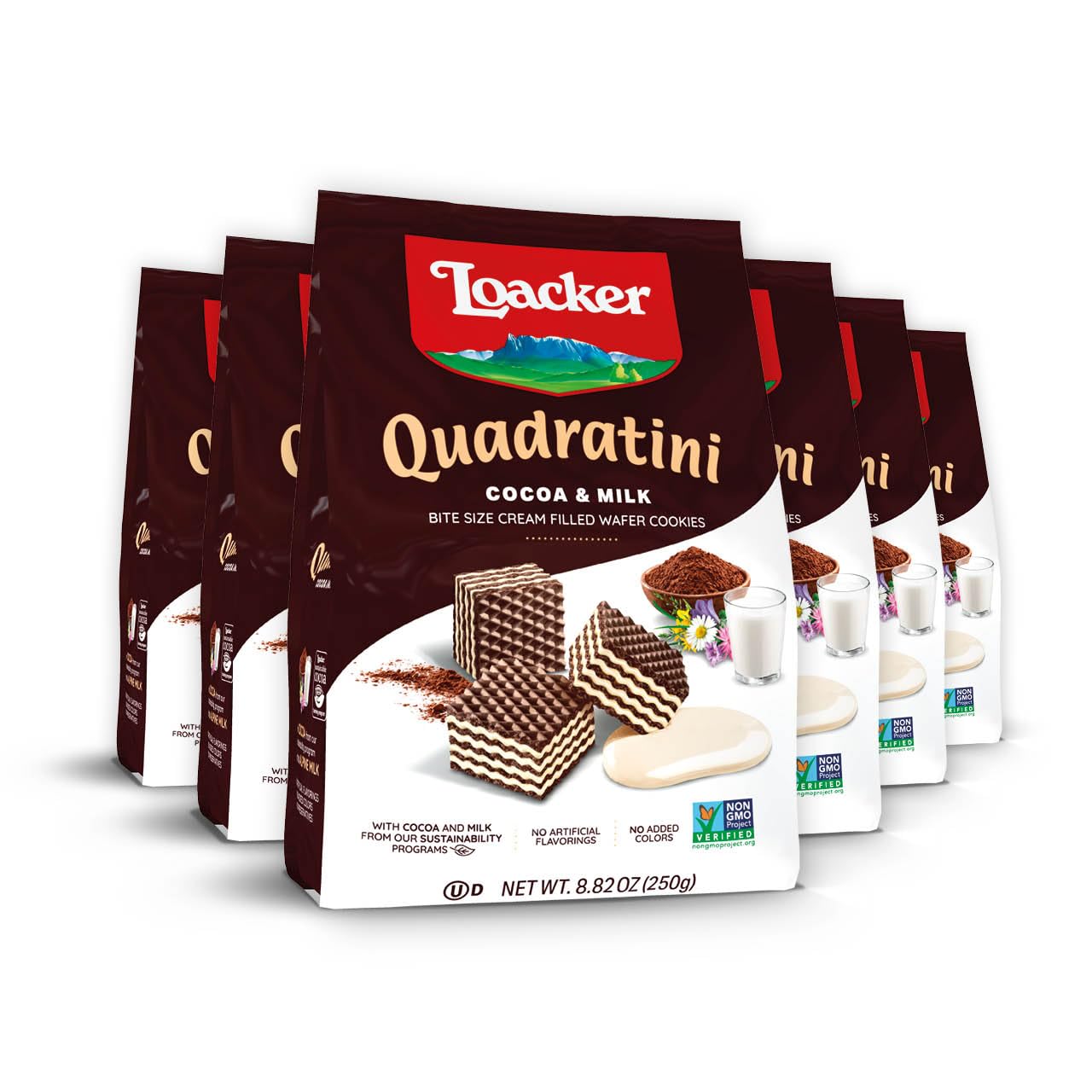 Loacker Quadratini Cocoa & Milk Wafer Cookies - Premium Crispy Bite-Size Chocolate Wafers with 30% Less Sugar, Non-GMO, Large Pack of 6 - Perfect for Snacking, Office Treats & Gift Baskets