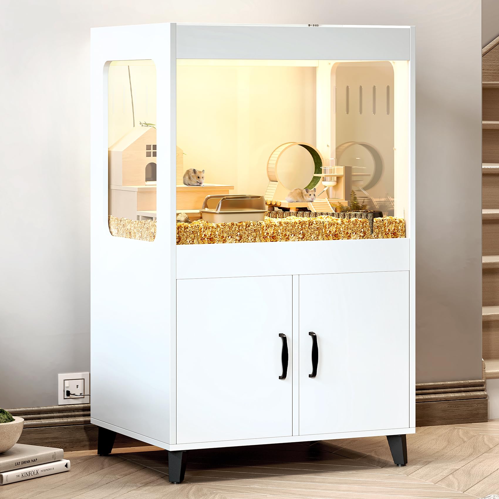 Large Hamster Cage with LED Lights & 360° View Acrylic Panels - Spacious Small Animal Habitat with Storage Cabinet for Guinea Pigs, Rats, Hedgehogs, Ferrets - Perfect for Pet Playtime & Home Decor