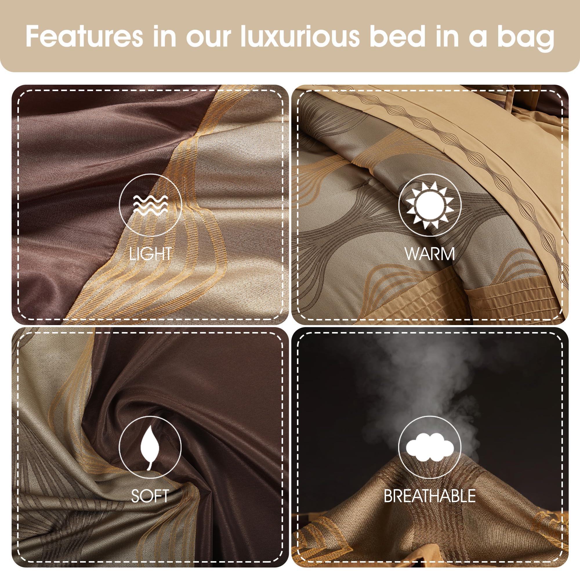Grand Avenue Elegant Brown 7-Piece Queen Comforter Set - Striped Jacquard All-Season Bedding with Decorative Pillows & Shams | Perfect for Master Bedroom, Guest Room & Cozy Home Decor
