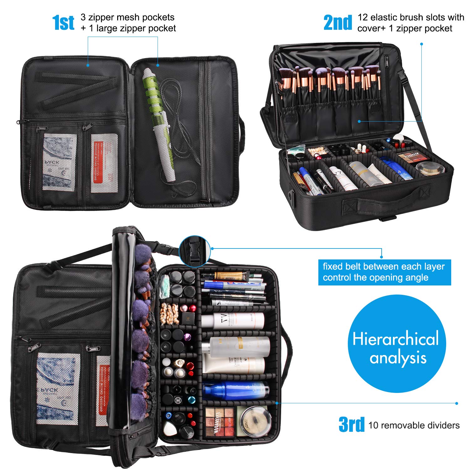 Relavel Large Professional Makeup Train Case - 16.5 Inch Waterproof Cosmetic Organizer with Adjustable Strap, 3-Layer Brush Holder & Storage Box for Travel, Makeup Artists & Beauty Enthusiasts | Perfect for Salon, Home Use & On-The-Go Touchups