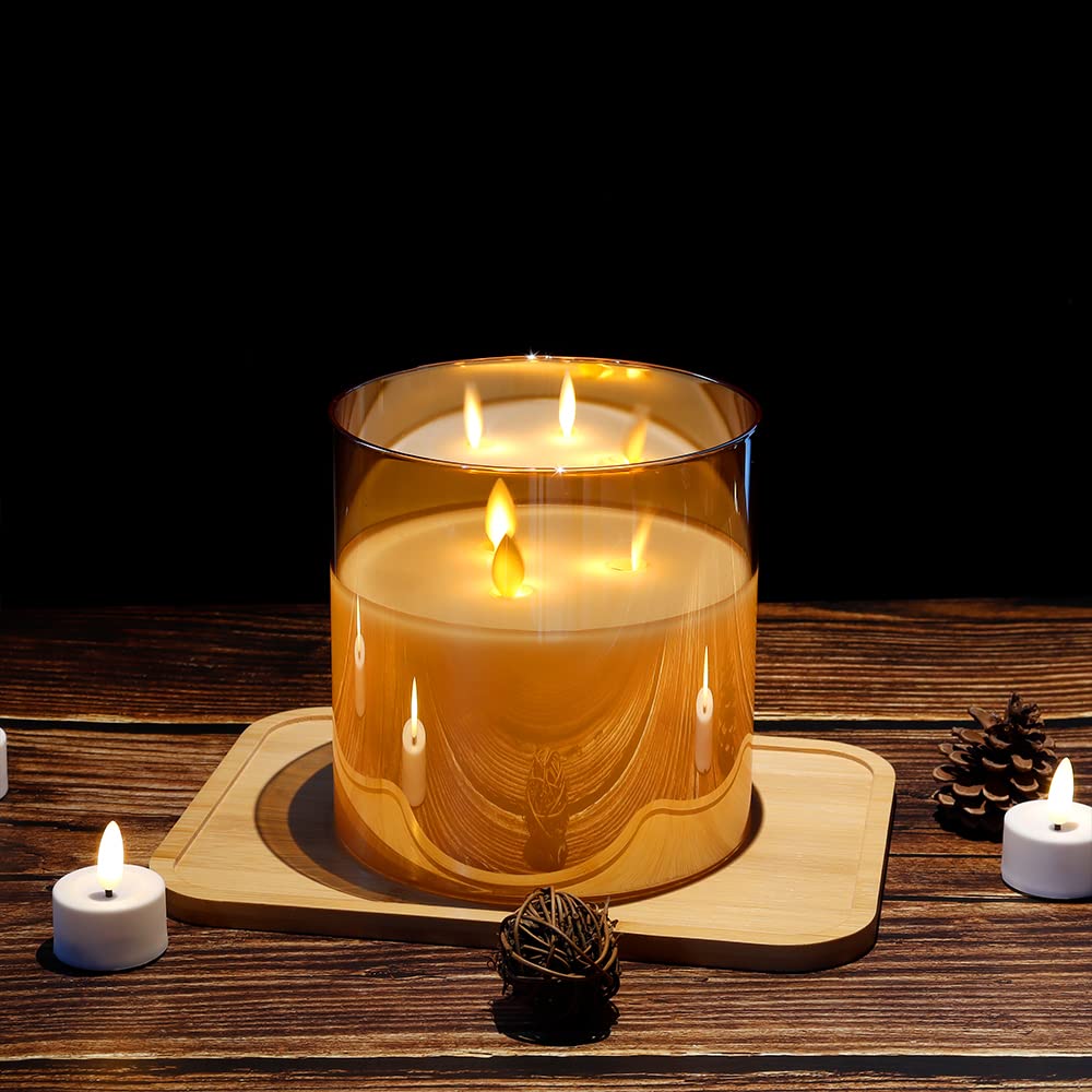 JHY DESIGN 6-Inch Large Flameless LED Candle with 3 Wicks - Battery Operated Moving Flame Effect, 6-Hour Timer, Realistic 3D Glass Design - Perfect for Christmas Decor, Party Centerpiece, Wedding, Living Room, Dining Table & Bar Decor (Gold)