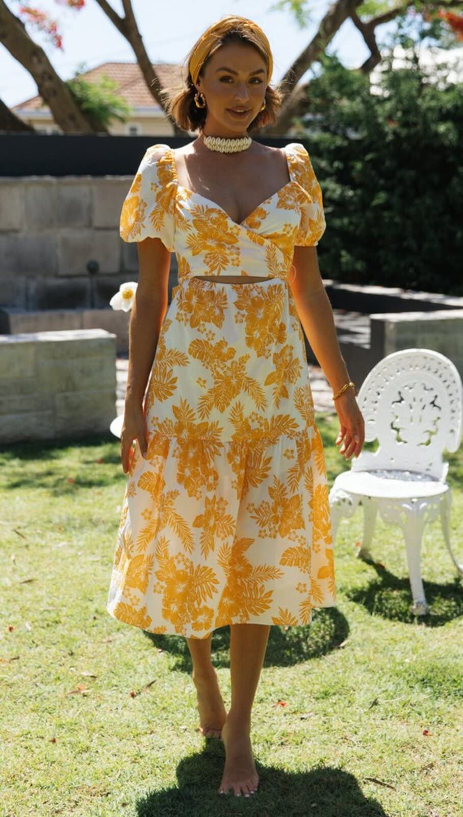 Yellow & Apricot Sleeveless Summer Dresses for Women - Solid V-Neck Butterfly Sleeve Sexy Long Dress | Beach Wedding, Party & Casual Wear