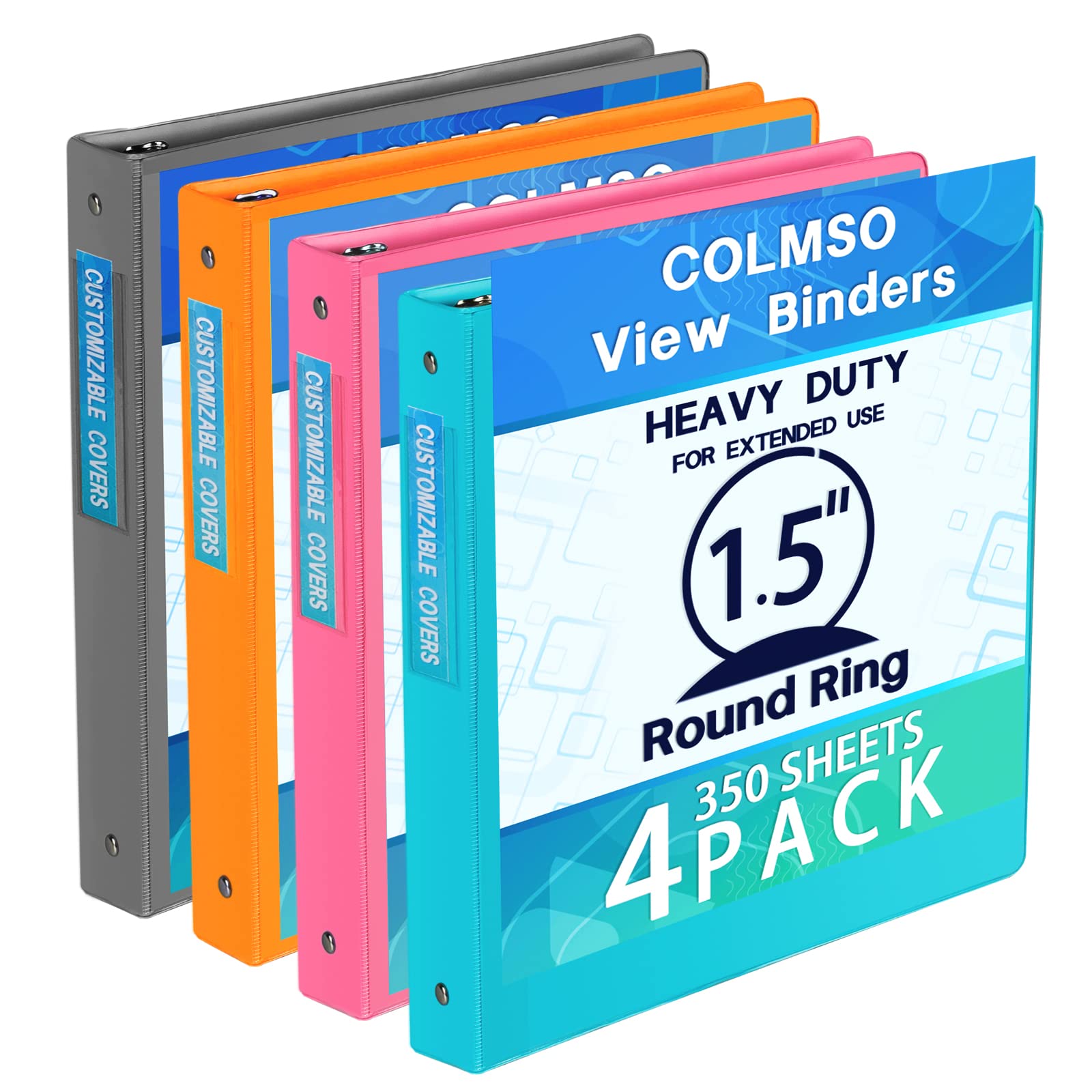 3 Ring Binders 1.5 Inch - Customizable Clear View Round Ring Binders for School, Home & Office - 4 Pack (Pink, Blue, Gray, Orange) - Perfect for Organizing Documents, Presentations & School Projects