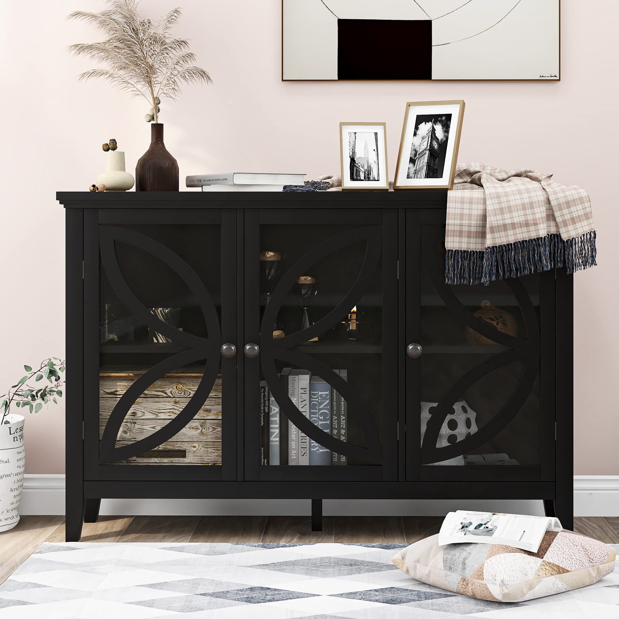 Modern Wooden Accent Storage Cabinet with Adjustable Shelf & Glass Door - Entryway, Hallway, Kitchen, Bedroom & Living Room Furniture - Perfect for Organizing Dishes, Books & Home Decor (Black)