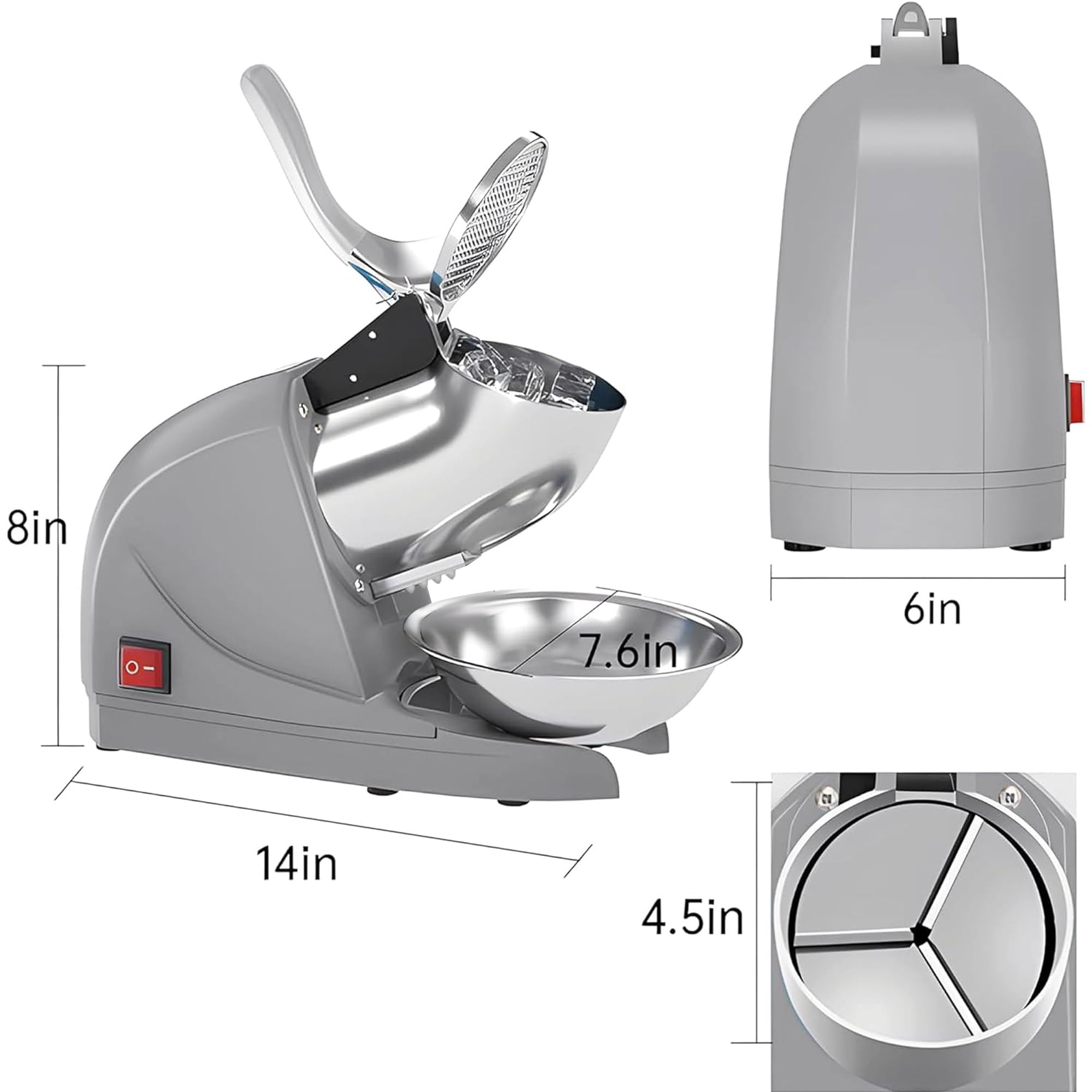 Electric Shaved Ice Machine - 380W 3-Blade Snow Cone Maker, 286 lb/hr High Capacity, Commercial & Home Use for Parties, Desserts, and Drinks (Silver)