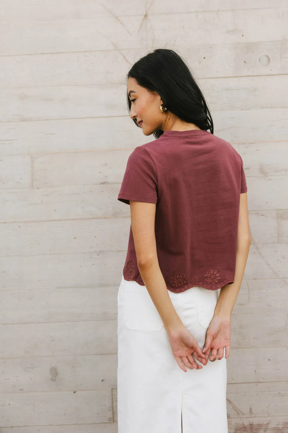 Nia Wine Red Eyelet Lace Cropped T-Shirt for Women | Summer Fashion Top | Perfect for Casual Outings, Dates & Beach Vacations