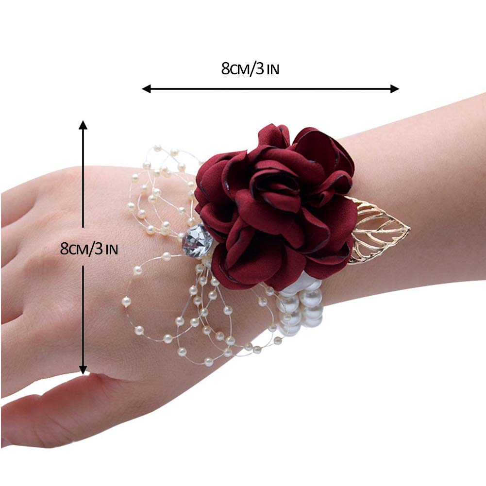 Elegant Burgundy Artificial Rose Wrist Corsage & Boutonniere Set for Weddings, Prom, Brides & Bridesmaids - Perfect for Formal Dances, Ceremonies & Special Occasions