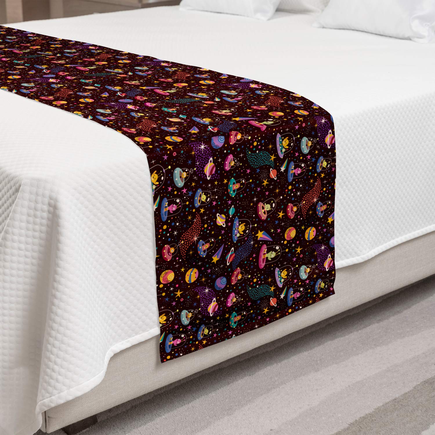 Ambesonne Space Themed Bed Runner - Cosmic Design with Shooting Stars, Polka Dots & Alien Spacecrafts | Decorative Bed Scarf for Home, Hotel & Guest Room Decor | Perfect for Kids' Rooms, Space-Themed Bedrooms & Sci-Fi Lovers | Multicolor