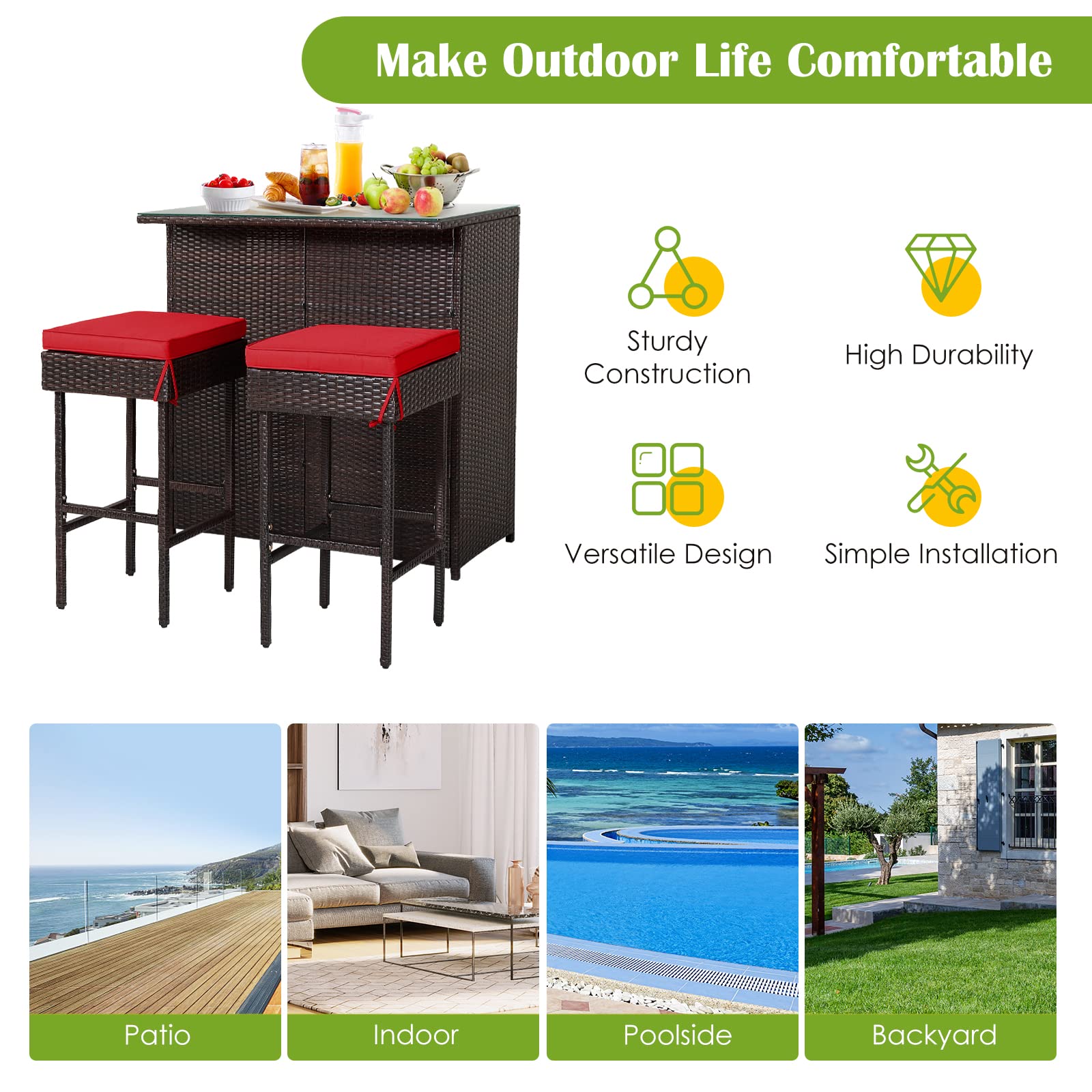 RELAX4FLIE 3-Piece Outdoor Bar Set - Patio Wicker Bar Height Table with 2 Cushioned Stools, 2 Open Shelves & Tempered Glass Table Top - Rattan Bar Table Set for Poolside, Garden, Backyard & Outdoor Entertaining (Red)