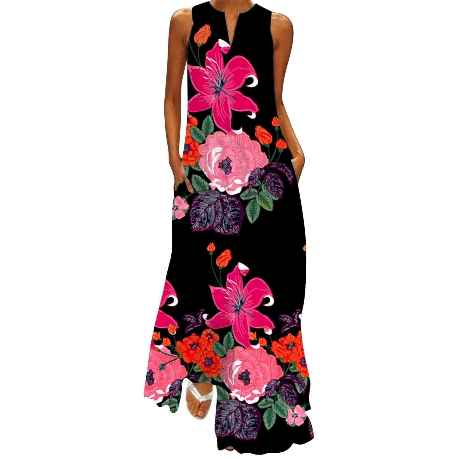 Women's Maxi Long Dress - Casual V Neck Spaghetti Strap Floral Print Stretchy Party Dress | Summer Beach Wedding, Vacation, Date Night Outfit