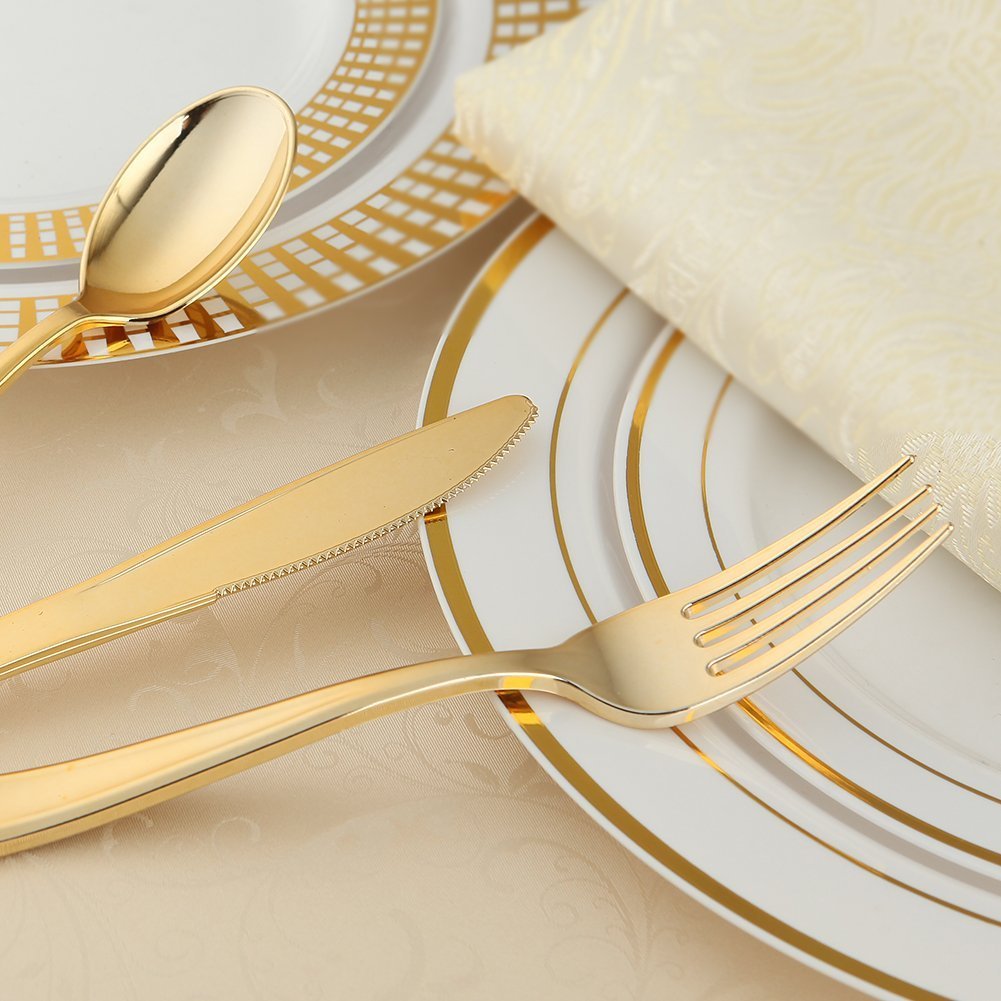 180-Piece Disposable Gold Plastic Cutlery Set - Heavy Duty Gold Silverware (60 Forks, 60 Knives, 60 Spoons) for Parties, Weddings, Catering & Outdoor Events - Elegant Plastic Flatware for Special Occasions