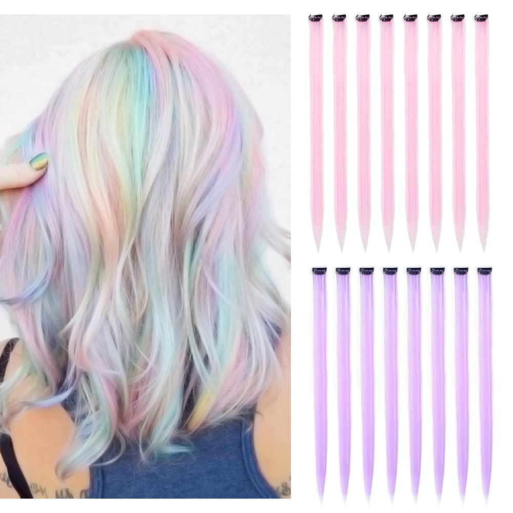 16Pcs Kids Clip in Hair Extensions 20 Inch - Ombre Purple & Light Pink Synthetic Hairpieces for Girls, Straight Colorful Hair Streaks for Parties & Cosplay