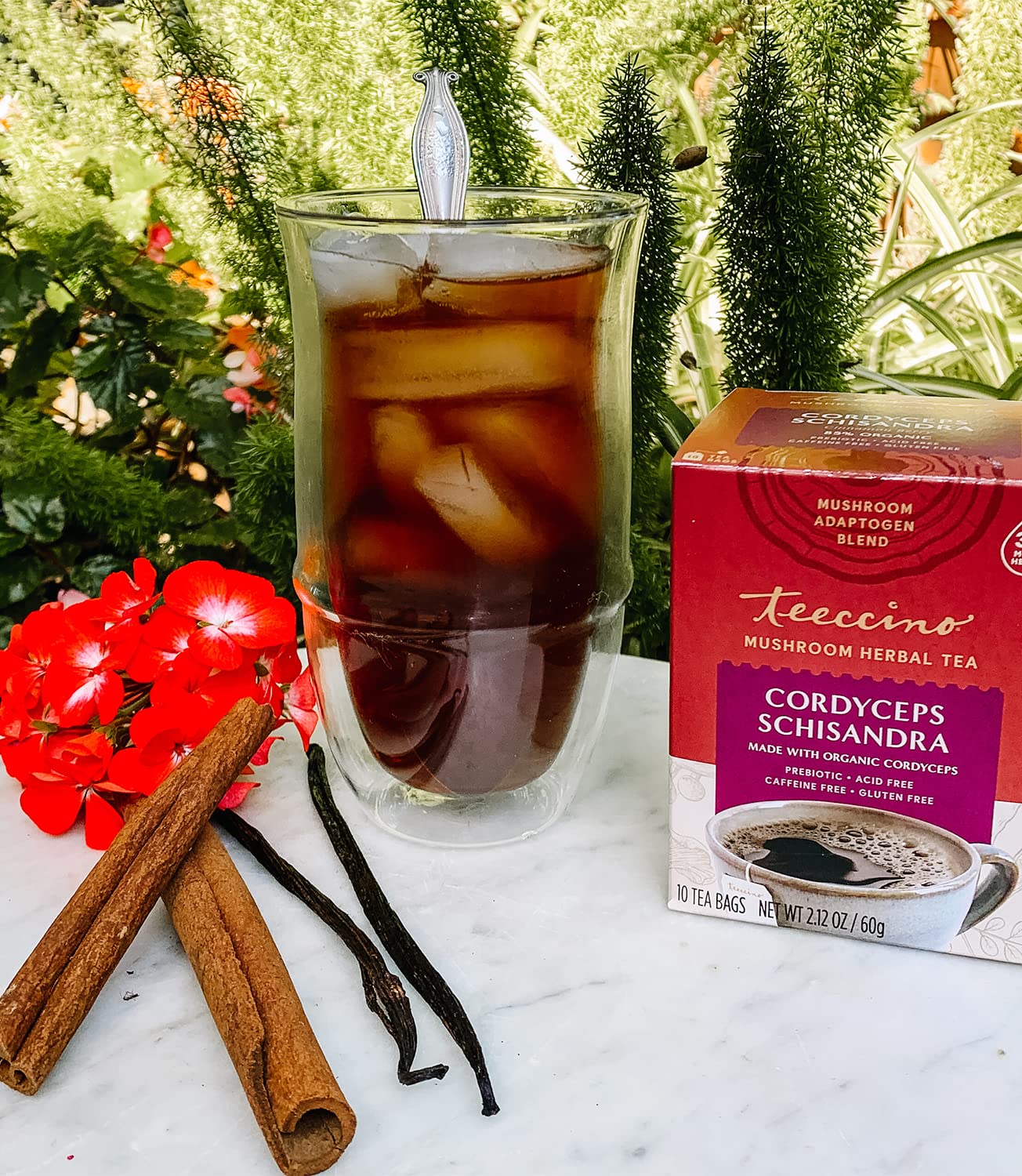 Organic Teeccino Mushroom Adaptogen Herbal Tea with Cordyceps, Schisandra & Cinnamon Berry - Cognitive Support & Immune Boost - 10 Tea Bags - Perfect for Stress Relief & Mental Clarity